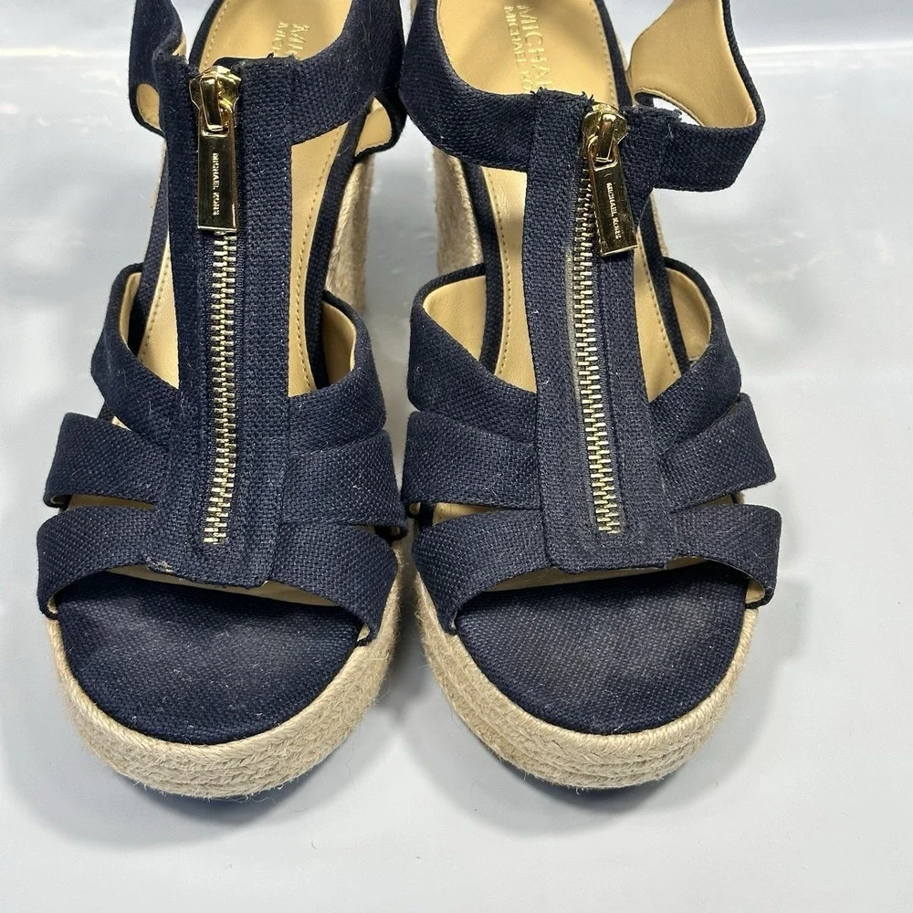 Michael MICHAEL KORS Berkley Wedge Platform Sandal Navy Canvas Zip US 10M